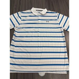 Under Armour Golf Polo 2XL White Blue Striped Loose Fit Performance Shirt